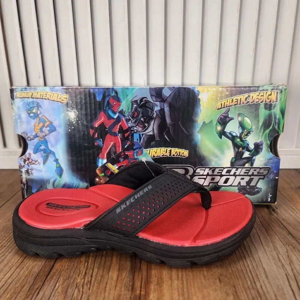 Skechers Supreme Pool Days 92224L Boys Size 11 Black Red Beach Flip Flop Sandals